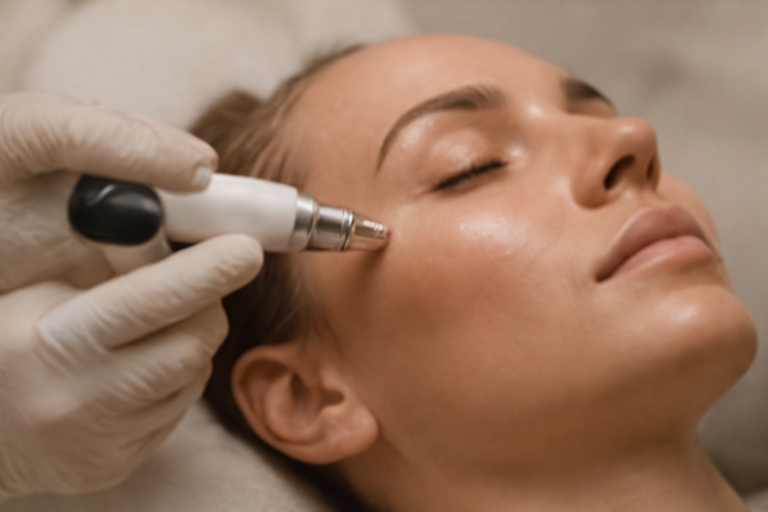 A woman receiving a facial treatment with a handheld device on her cheek in a spa or skincare clinic.