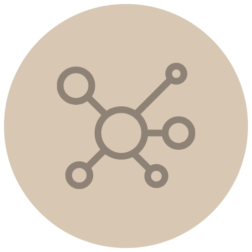 Icon of a central circle connected to six surrounding circles by lines, representing a network or molecular structure