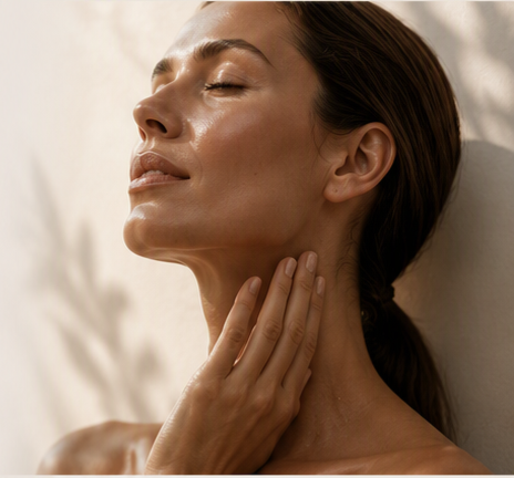 A woman with her eyes closed gently touches her neck with her hand, appearing relaxed and serene.