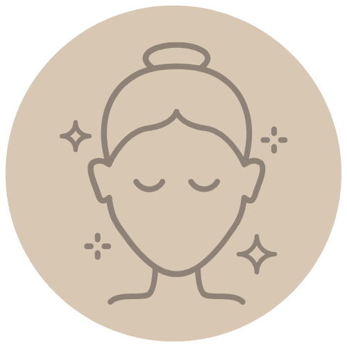 Line drawing of a woman with a bun hairstyle, closed eyes, and a peaceful expression, surrounded by sparkles, on a beige circular background.