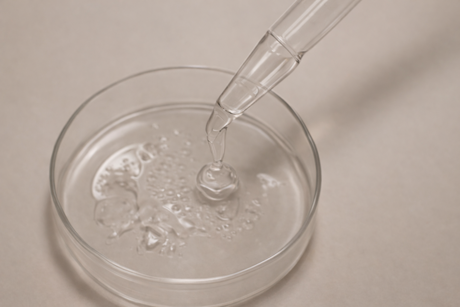 A laboratory scene with a clear glass petri dish containing a liquid and a pipette releasing a droplet into the dish.