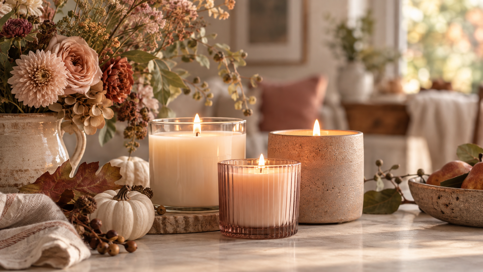 A cozy table decorated for fall with candles, pumpkins, and a floral arrangement in a neutral-toned room.