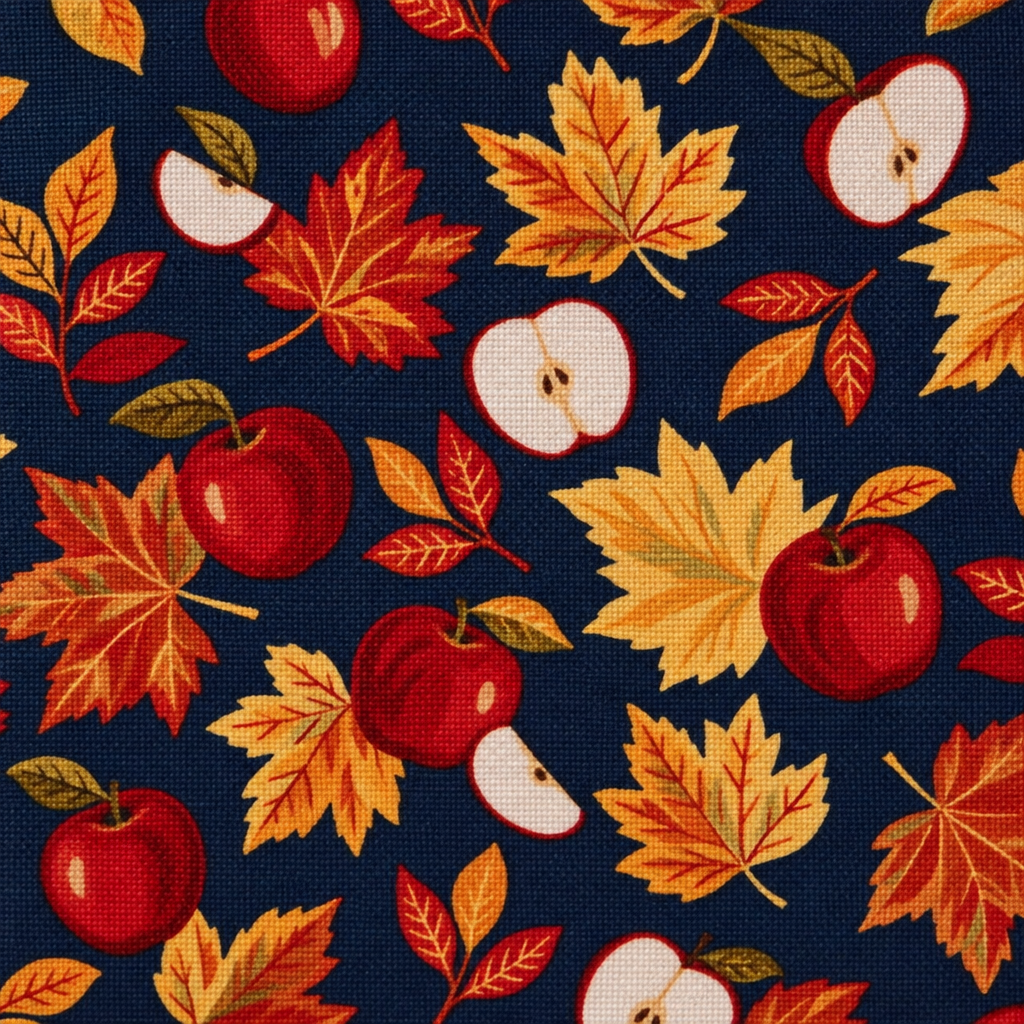 Fall Apples & Leaves Cotton Fabric - fabric print and texture close-up