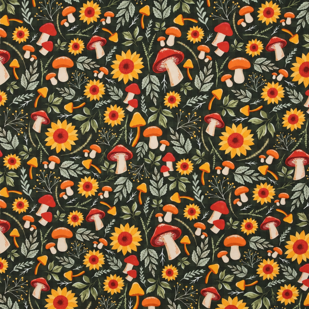 Mushrooms Cotton Fabric - full fabric pattern repeat