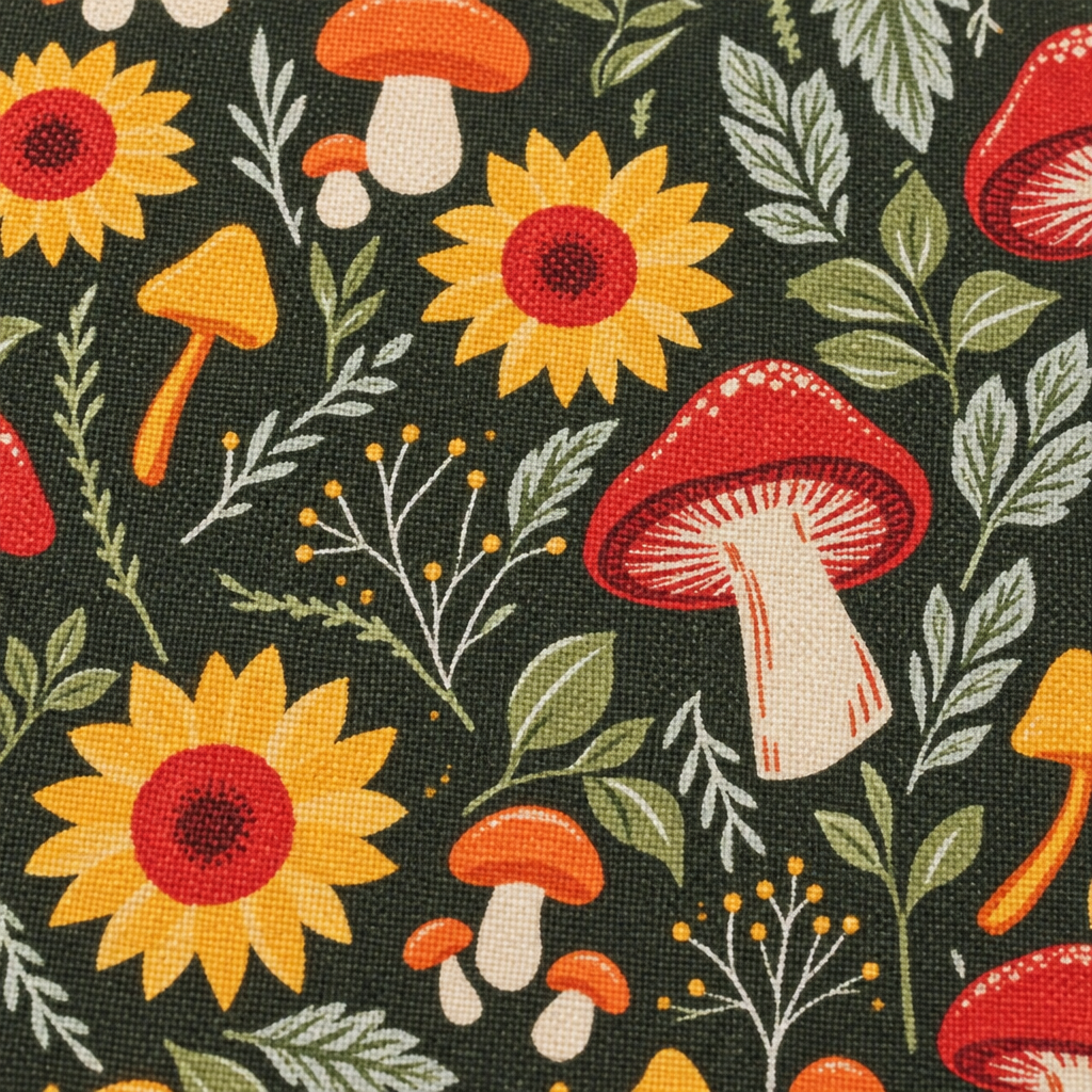 Mushrooms Cotton Fabric - fabric print and texture close-up