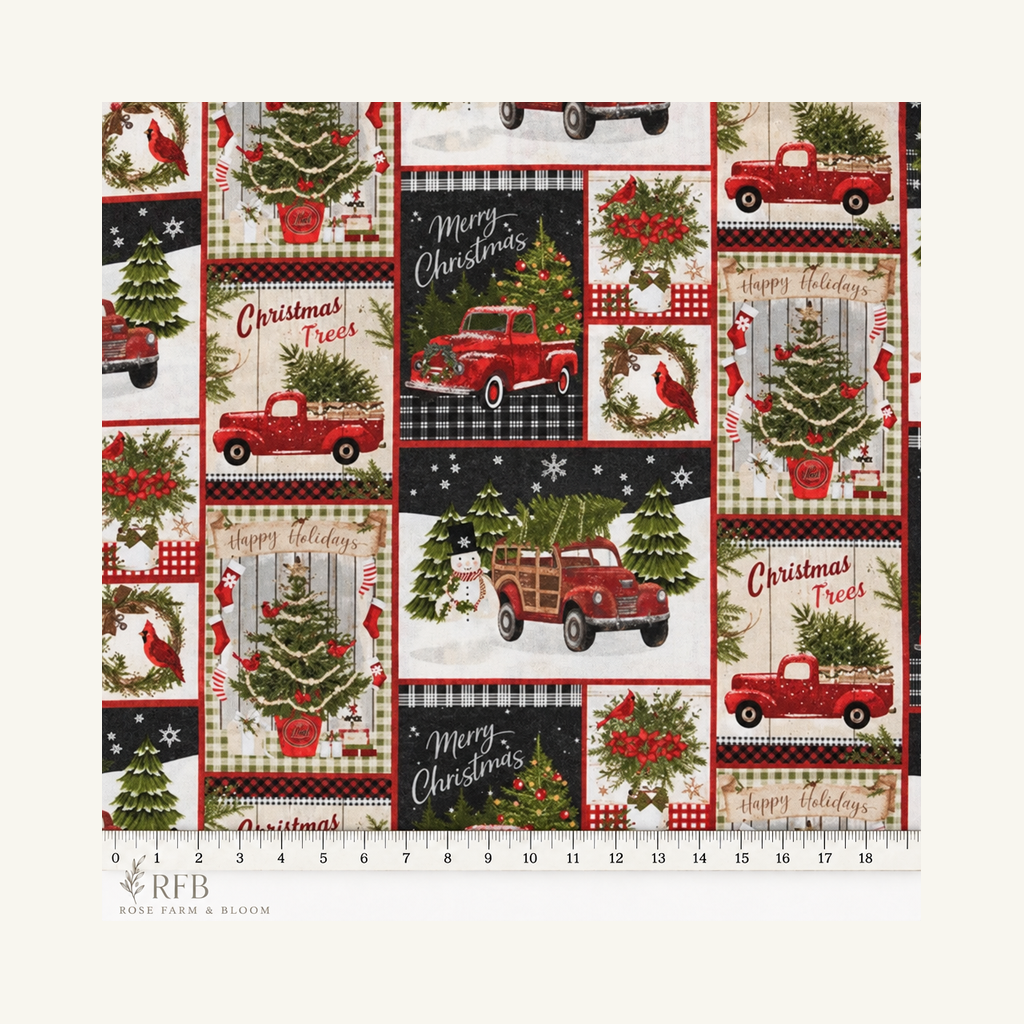 Nostalgic Holiday Collage Cotton Fabric - fabric motif scale reference
