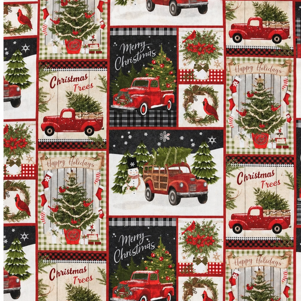 Nostalgic Holiday Collage Cotton Fabric - full fabric pattern repeat