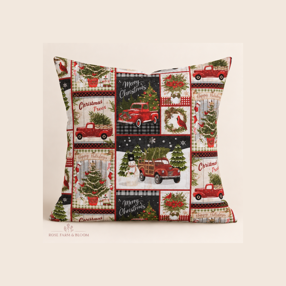 Nostalgic Holiday Collage Cotton Fabric - example pillow cover made with this fabric