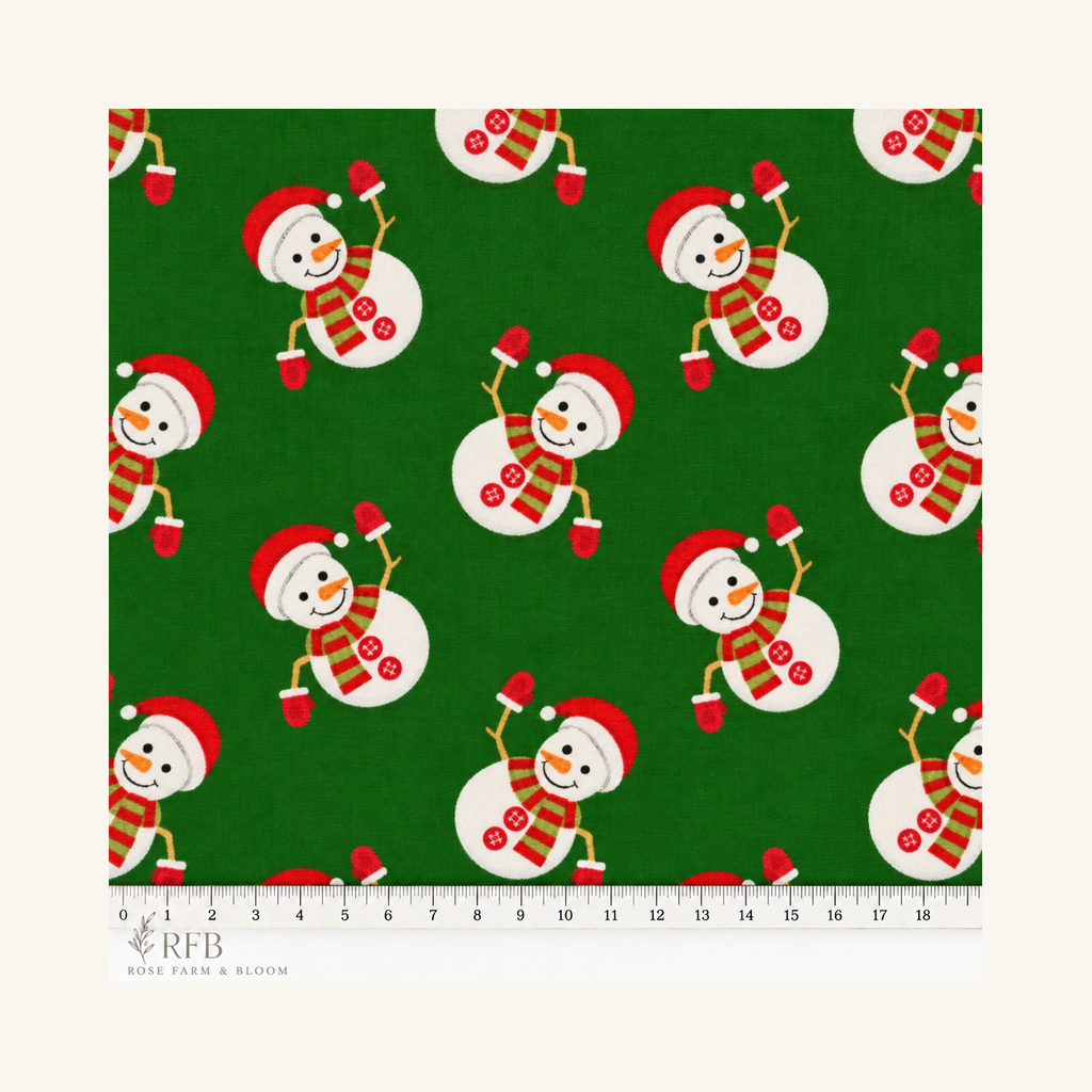 Christmas Waving Snowmen on Green - fabric motif scale reference