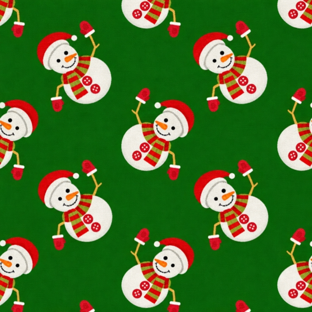 Christmas Waving Snowmen on Green - full fabric pattern repeat