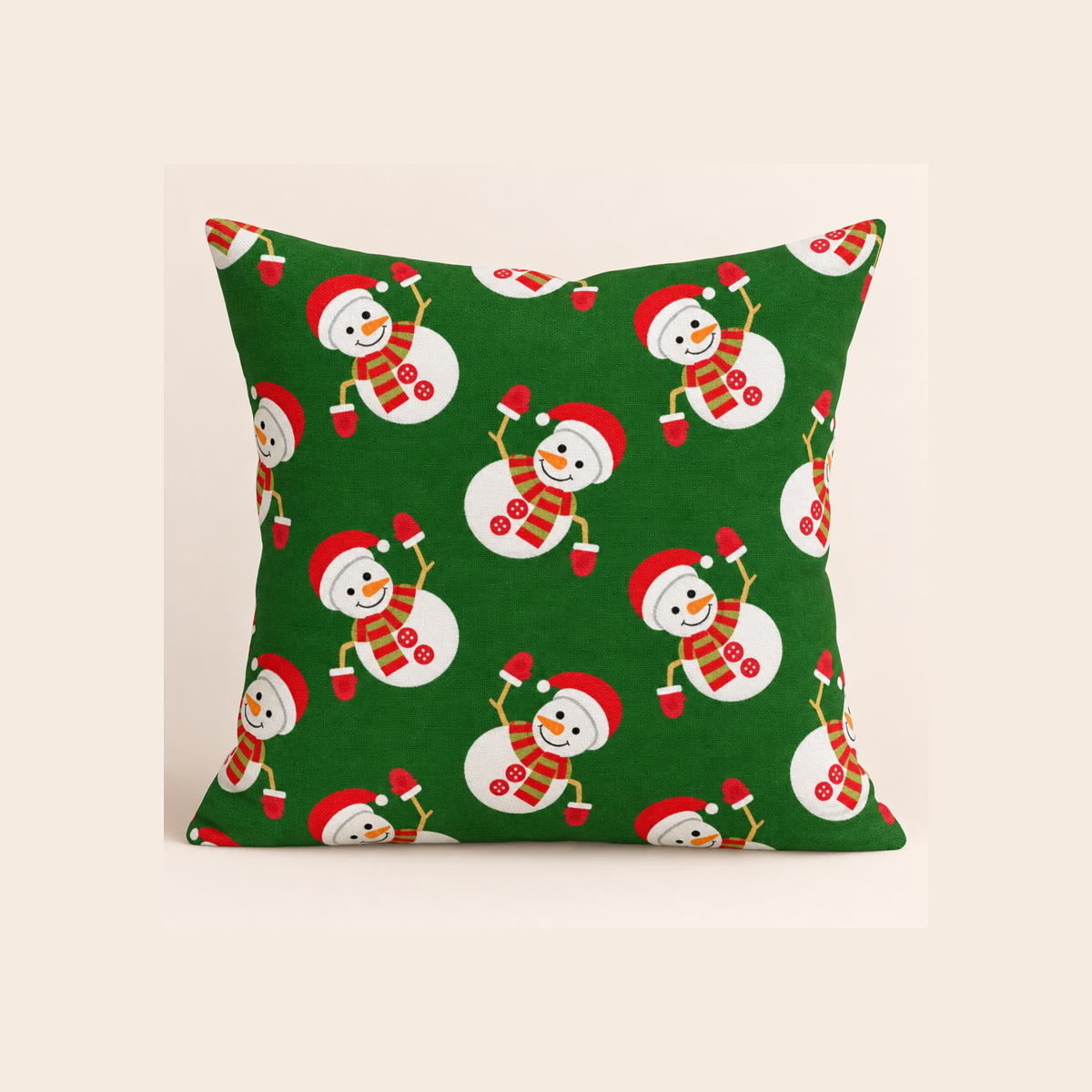 Christmas Waving Snowmen on Green - example pillow cover made with this fabric