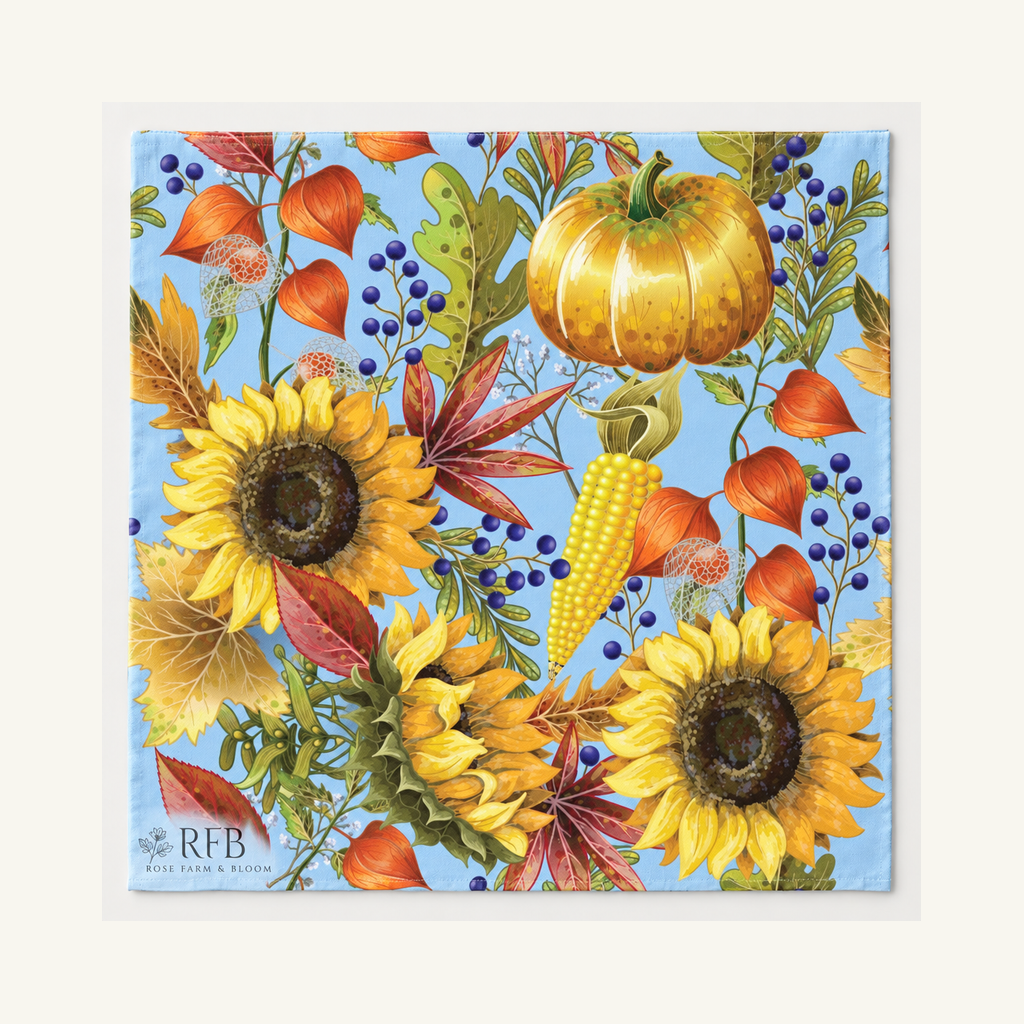 Thanksgiving Pumpkins and Sunflowers on Blue 100% Cotton Fabric - fabric shown for sale by the yard