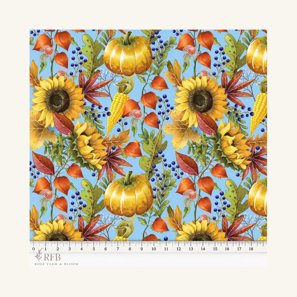 Thanksgiving Pumpkins and Sunflowers on Blue 100% Cotton Fabric - fabric motif scale reference