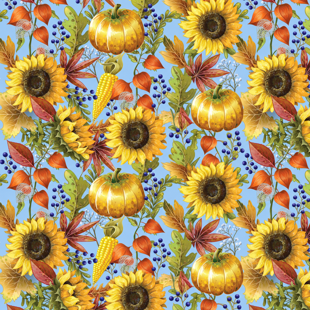 Thanksgiving Pumpkins and Sunflowers on Blue 100% Cotton Fabric - full fabric pattern repeat