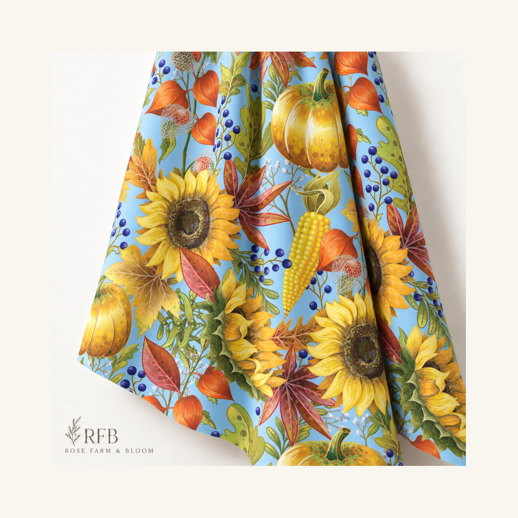 Thanksgiving Pumpkins and Sunflowers on Blue 100% Cotton Fabric - folded fabric