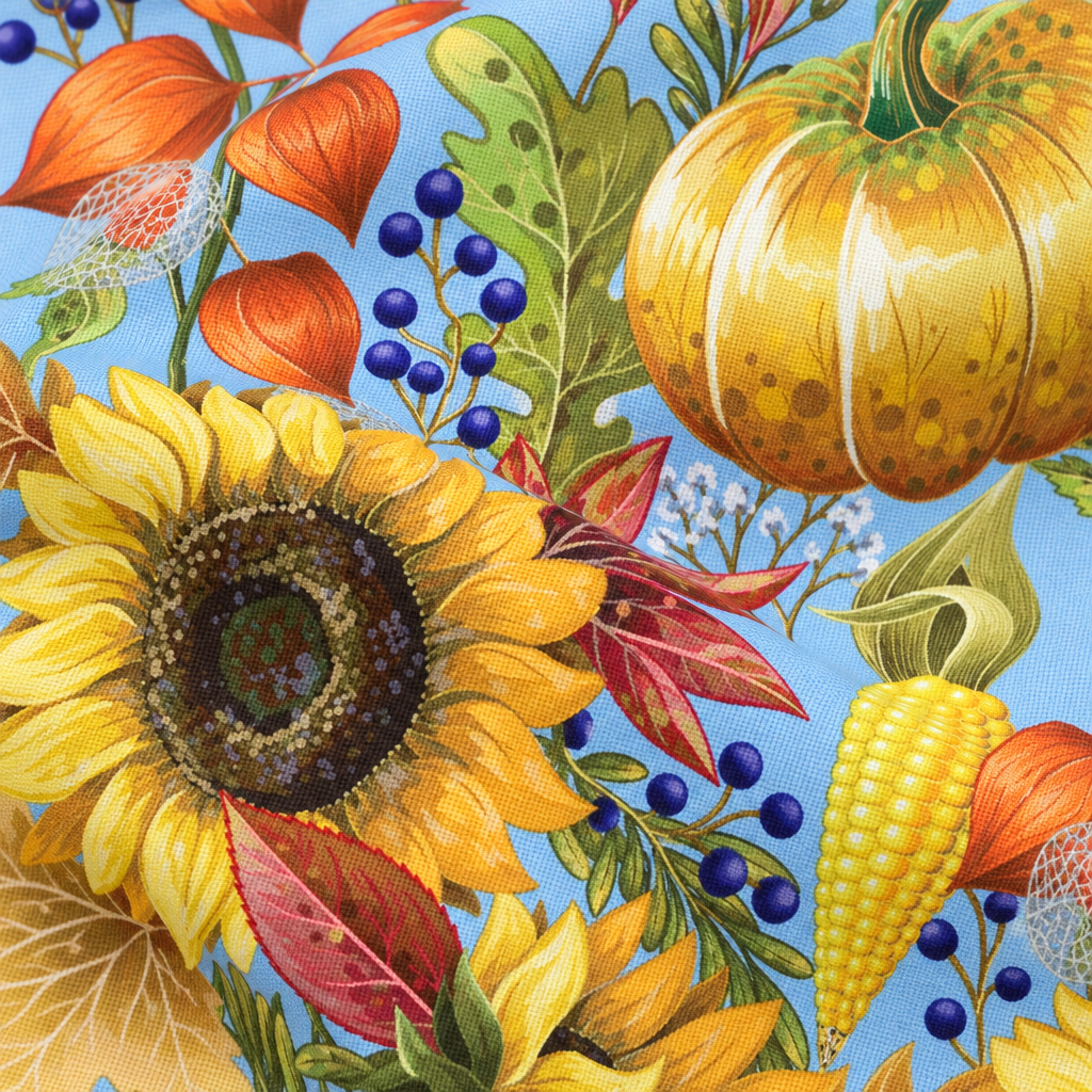 Thanksgiving Pumpkins and Sunflowers on Blue 100% Cotton Fabric - fabric print and texture close-up