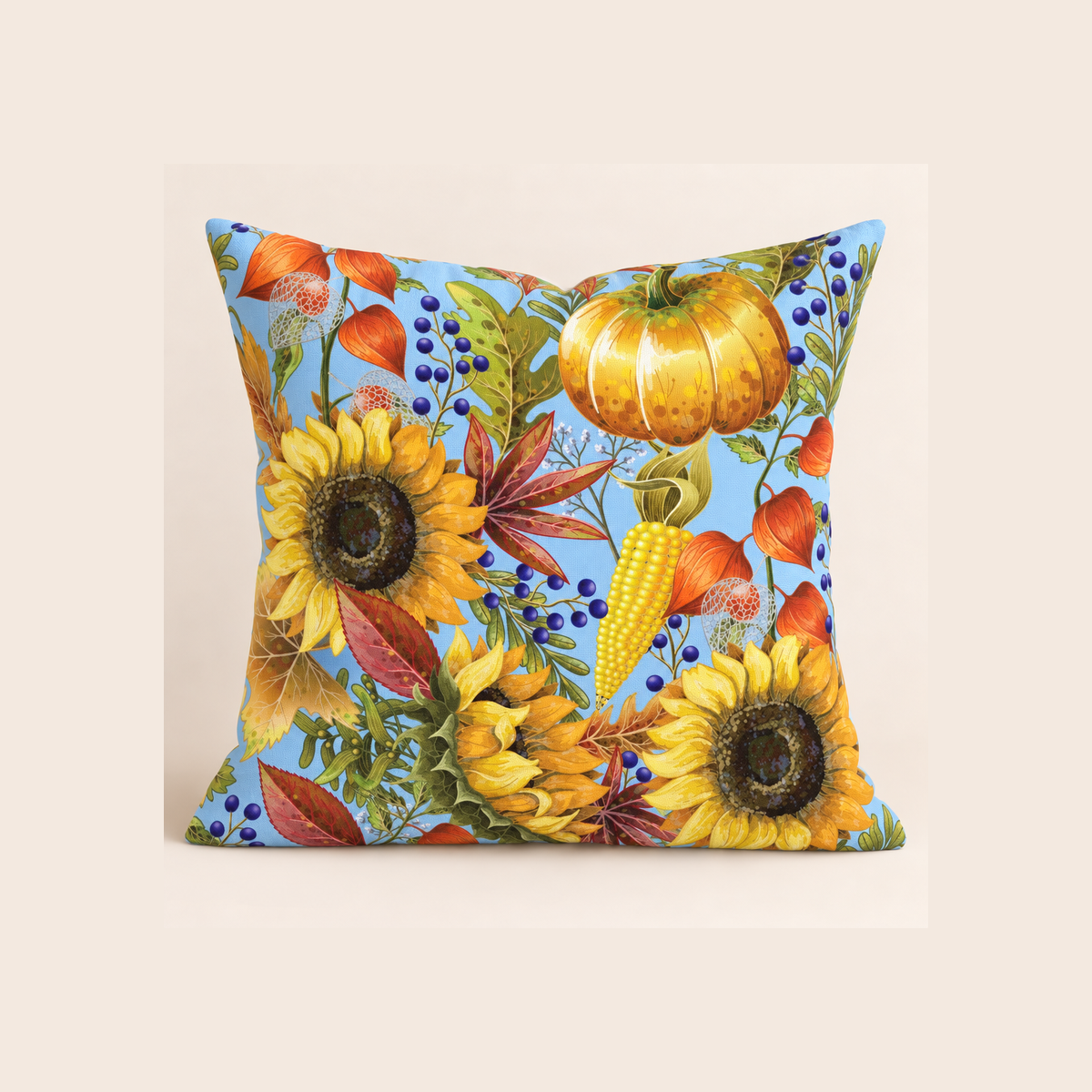 Thanksgiving Pumpkins and Sunflowers on Blue 100% Cotton Fabric - example pillow cover made with this fabric