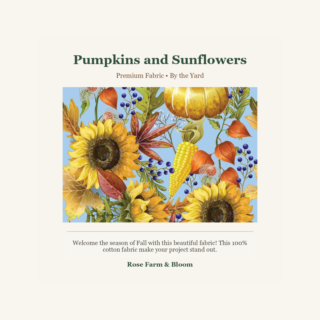 Thanksgiving Pumpkins and Sunflowers on Blue 100% Cotton Fabric - fabric product image