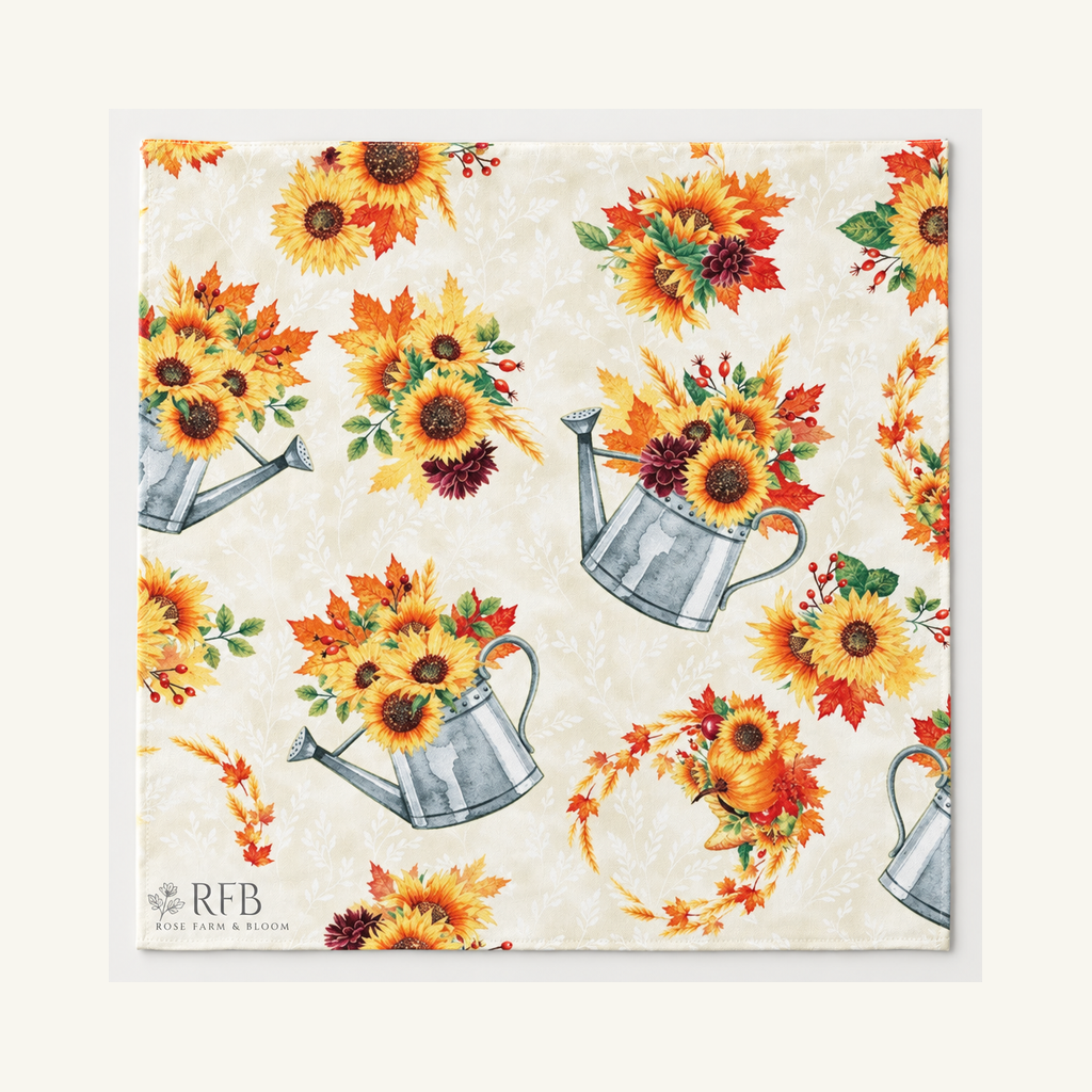 Thanksgiving Fall Blooms Metallic Flowers in Watering Can on Cream 100% Cotton Sold by the Yard - fabric shown for sale by the yard