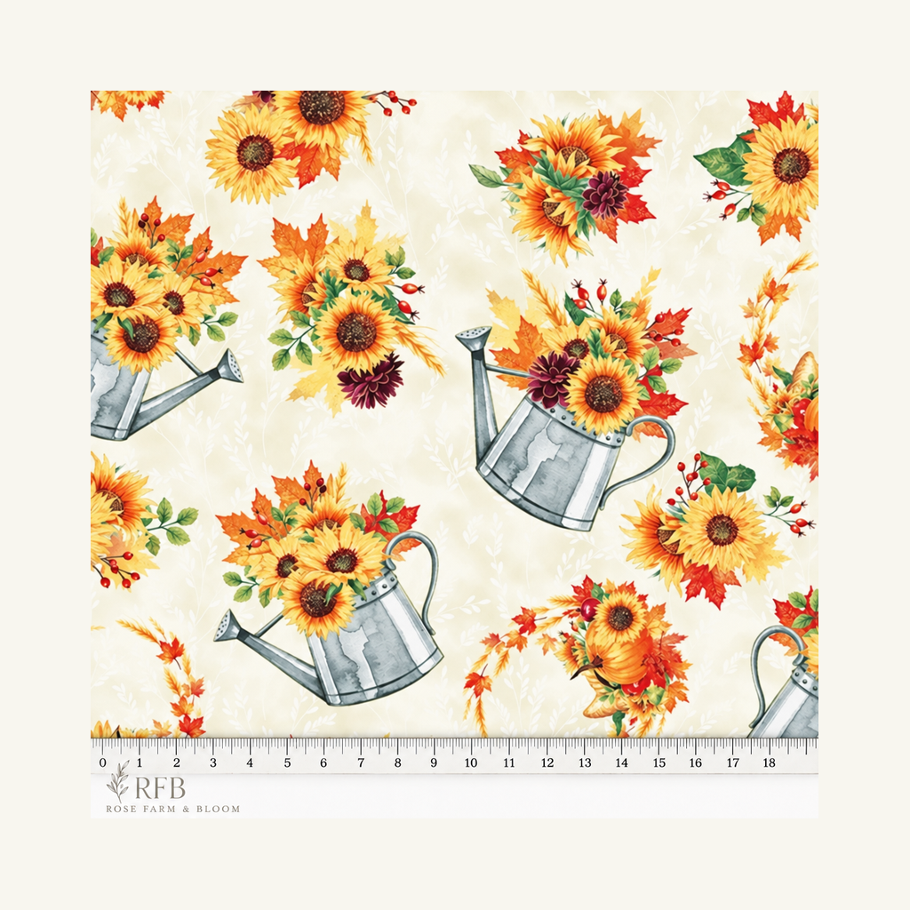 Thanksgiving Fall Blooms Metallic Flowers in Watering Can on Cream 100% Cotton Sold by the Yard - fabric motif scale reference