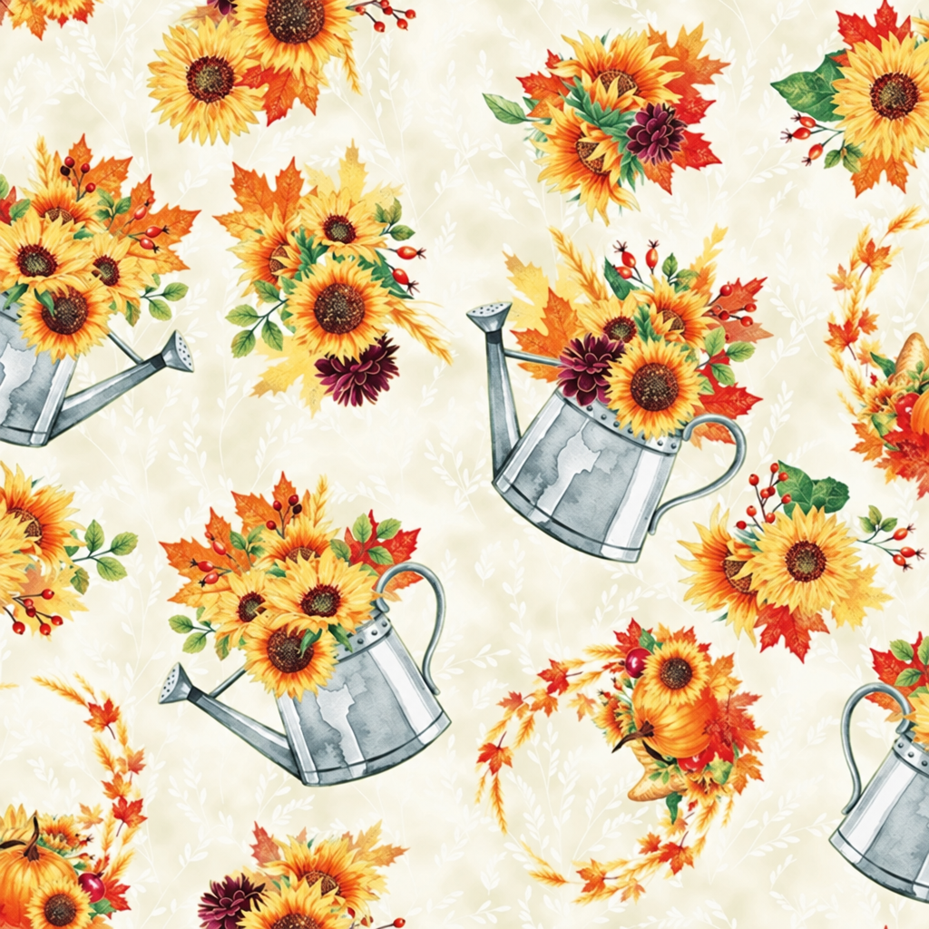 Thanksgiving Fall Blooms Metallic Flowers in Watering Can on Cream 100% Cotton Sold by the Yard - full fabric pattern repeat