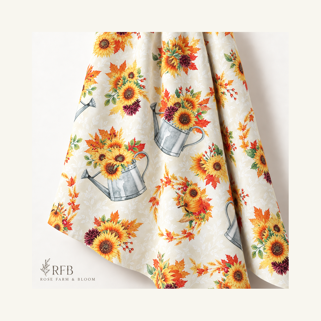 Thanksgiving Fall Blooms Metallic Flowers in Watering Can on Cream 100% Cotton Sold by the Yard - folded fabric