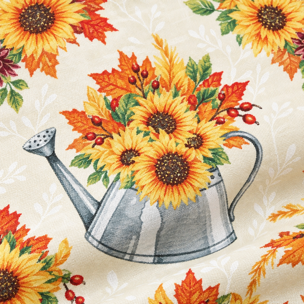 Thanksgiving Fall Blooms Metallic Flowers in Watering Can on Cream 100% Cotton Sold by the Yard - fabric print and texture close-up