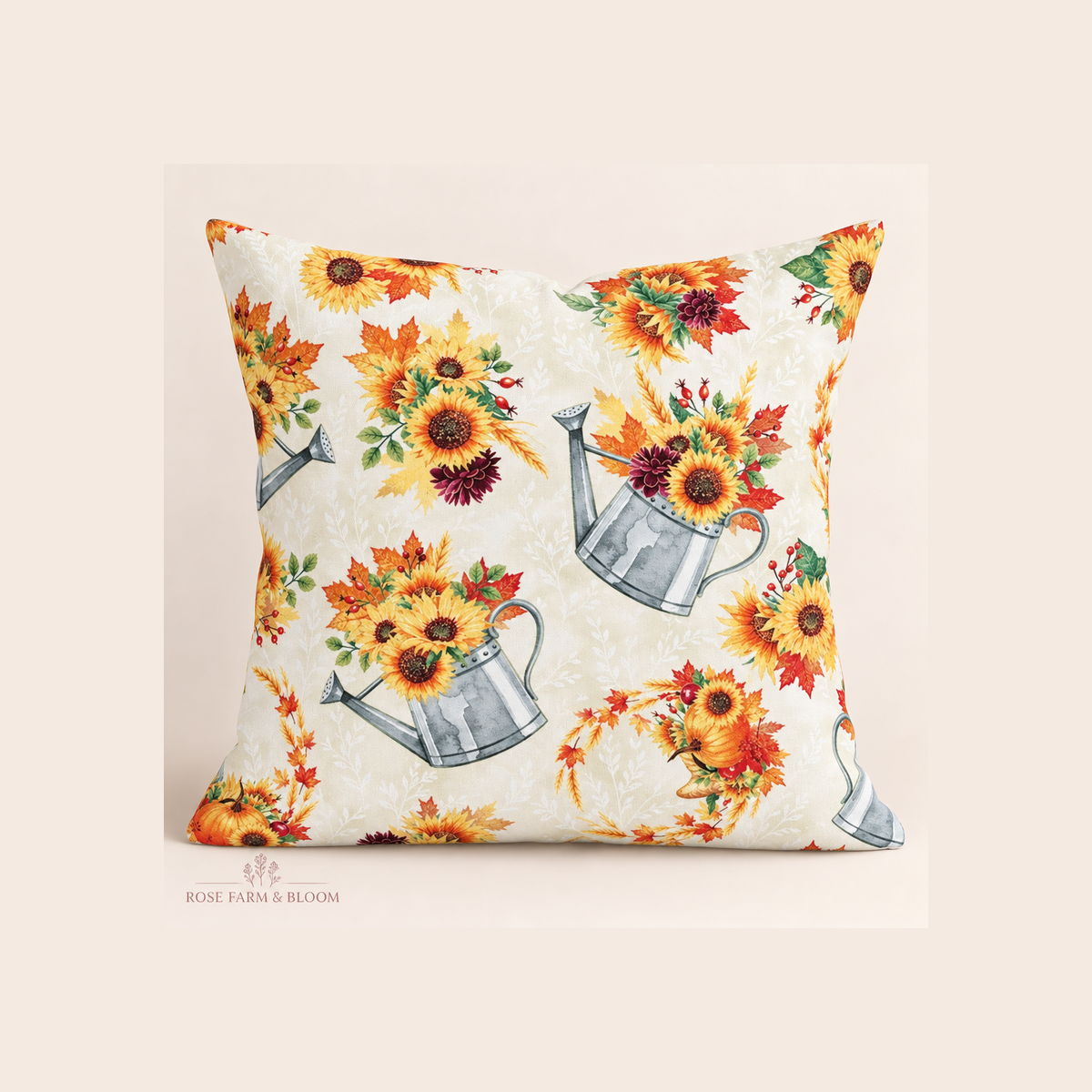 Thanksgiving Fall Blooms Metallic Flowers in Watering Can on Cream 100% Cotton Sold by the Yard - example pillow cover made with this fabric