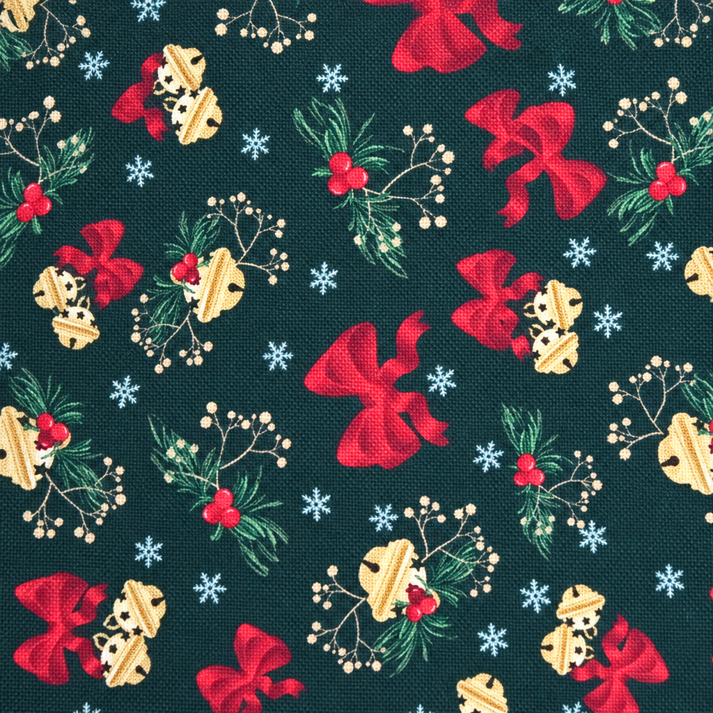 Cotton 100% 45" MK Christmas Deck The Halls Jingle Bells Forest - fabric print and texture close-up