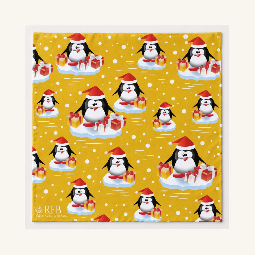 Christmas Penguins w/Presents on Gold - fabric shown for sale by the yard