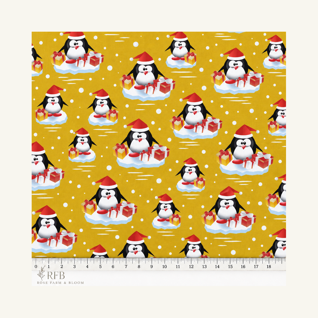 Christmas Penguins w/Presents on Gold - fabric motif scale reference