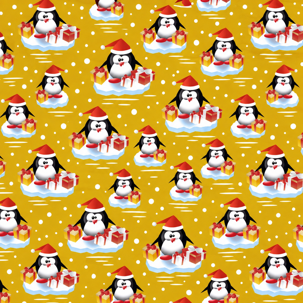 Christmas Penguins w/Presents on Gold - full fabric pattern repeat