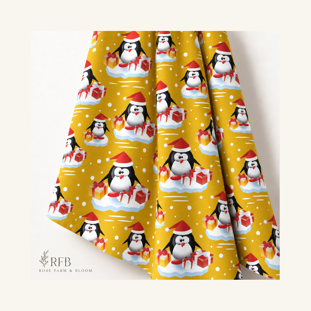 Christmas Penguins w/Presents on Gold - folded fabric