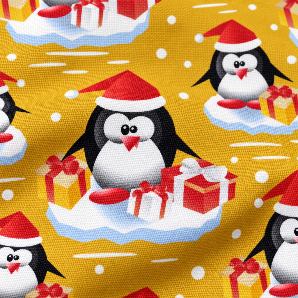 Christmas Penguins w/Presents on Gold - fabric print and texture close-up