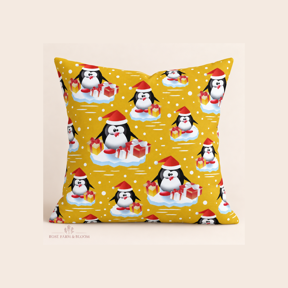 Christmas Penguins w/Presents on Gold - example pillow cover made with this fabric
