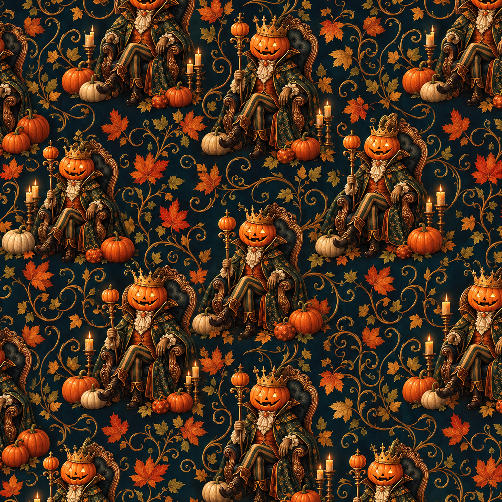 Pumpkin King on an Ornate Throne - full fabric pattern repeat