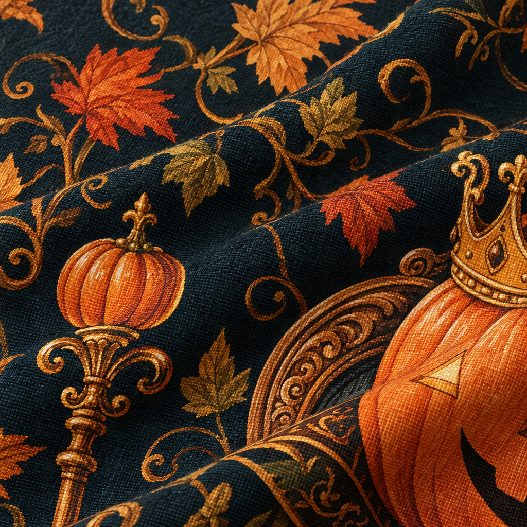 Pumpkin King on an Ornate Throne - fabric print and texture close-up
