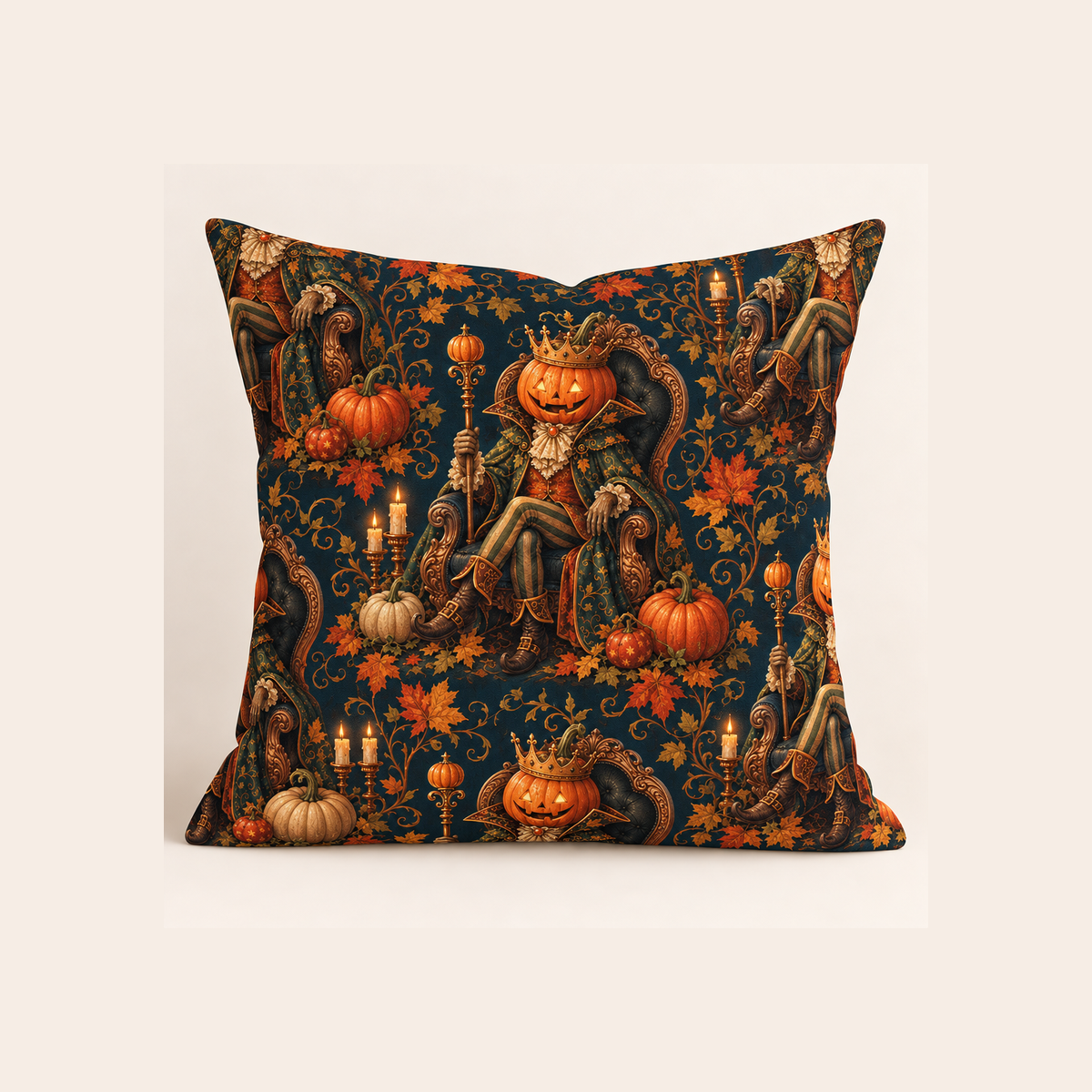 Pumpkin King on an Ornate Throne - example pillow cover made with this fabric