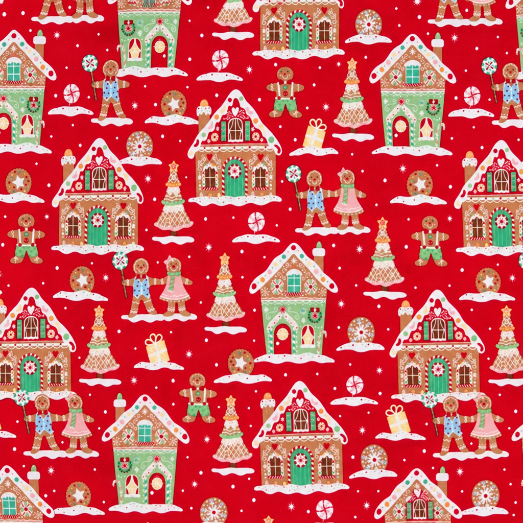 Gingerbread Houses Cotton Fabric - full fabric pattern repeat