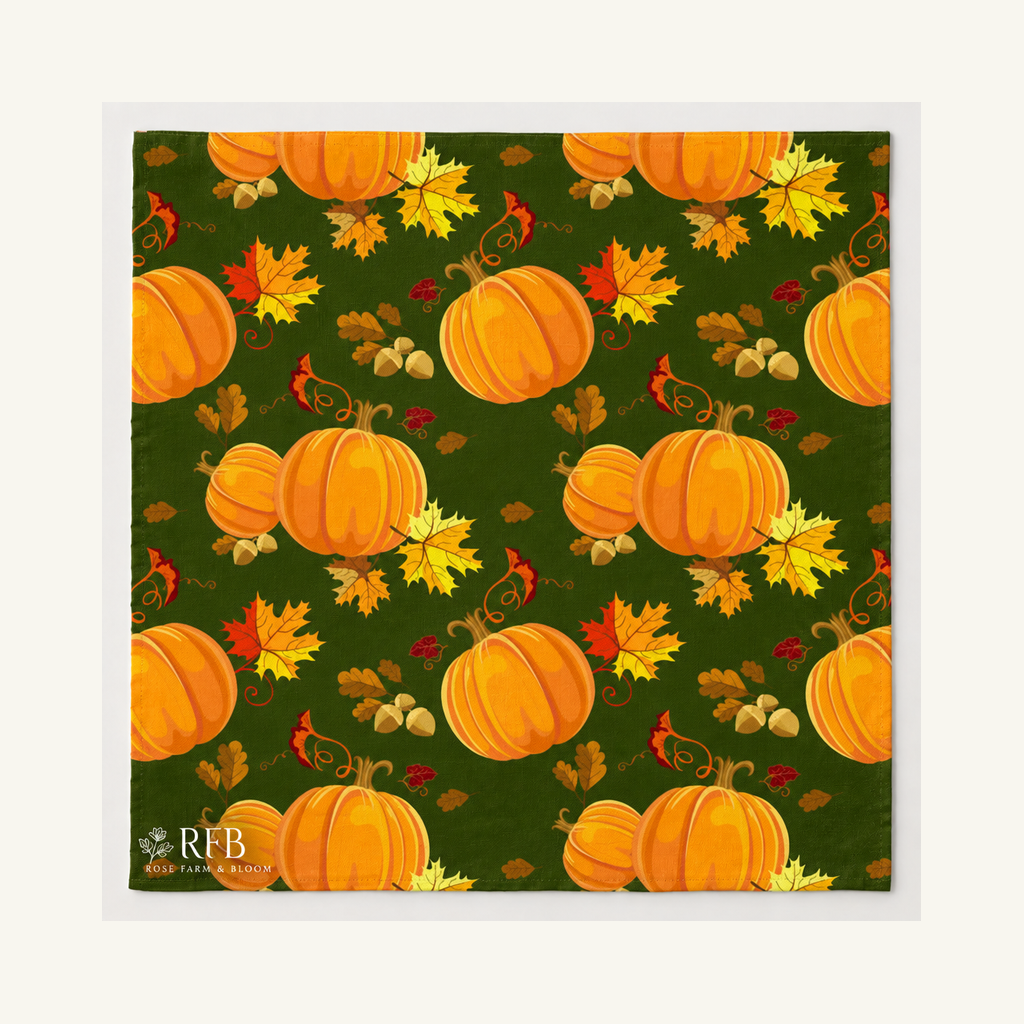 Thanksgiving Pumpkins and Leaves on Dark Green 100% Cotton Fabric - fabric shown for sale by the yard
