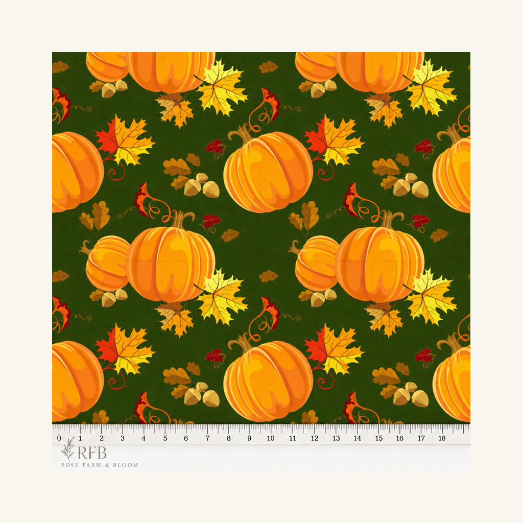 Thanksgiving Pumpkins and Leaves on Dark Green 100% Cotton Fabric - fabric motif scale reference