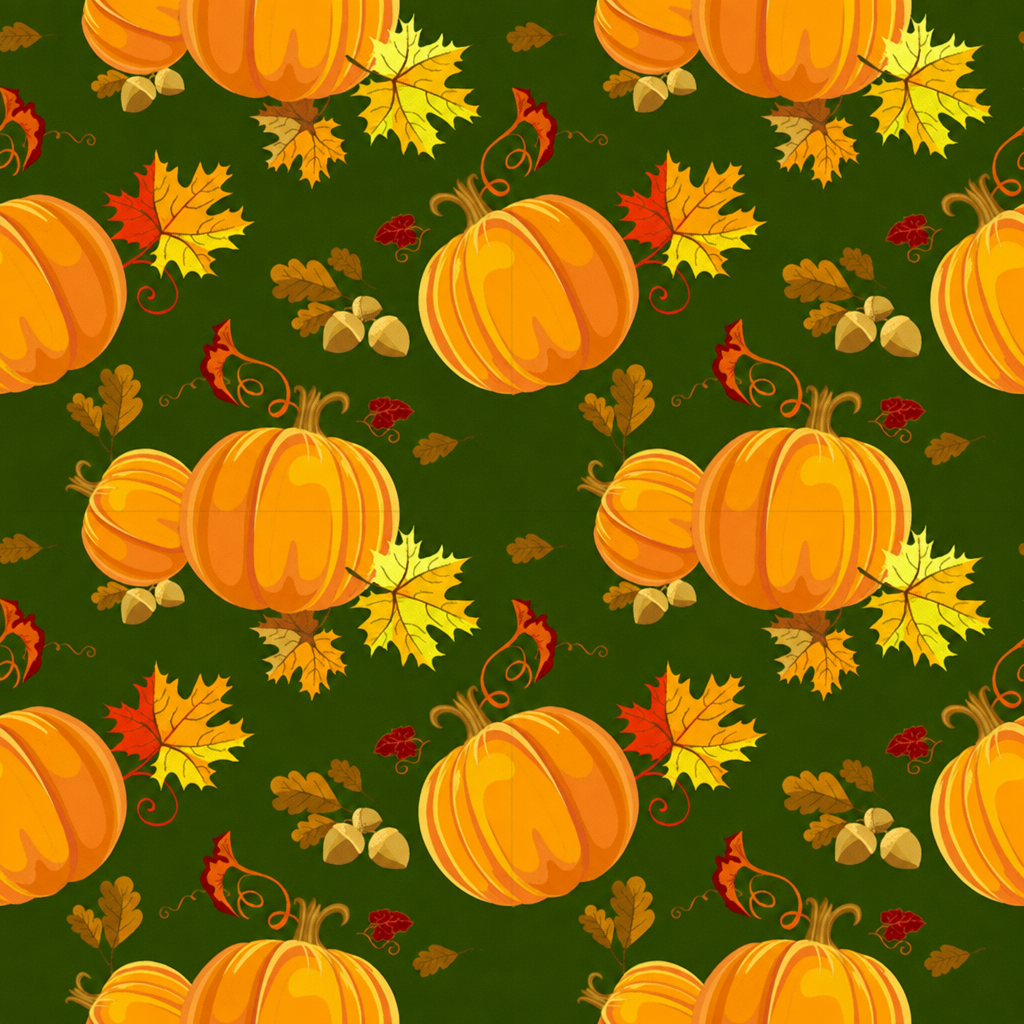 Thanksgiving Pumpkins and Leaves on Dark Green 100% Cotton Fabric - full fabric pattern repeat