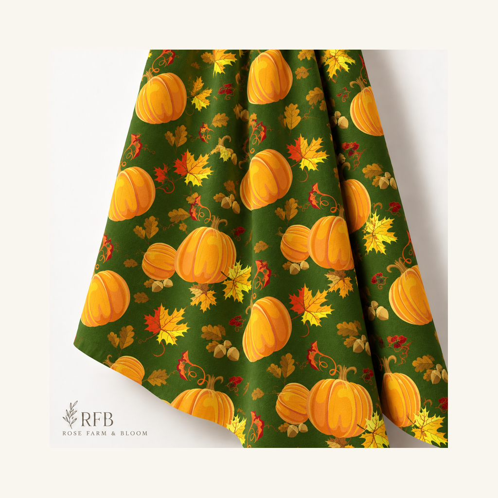 Thanksgiving Pumpkins and Leaves on Dark Green 100% Cotton Fabric - folded fabric