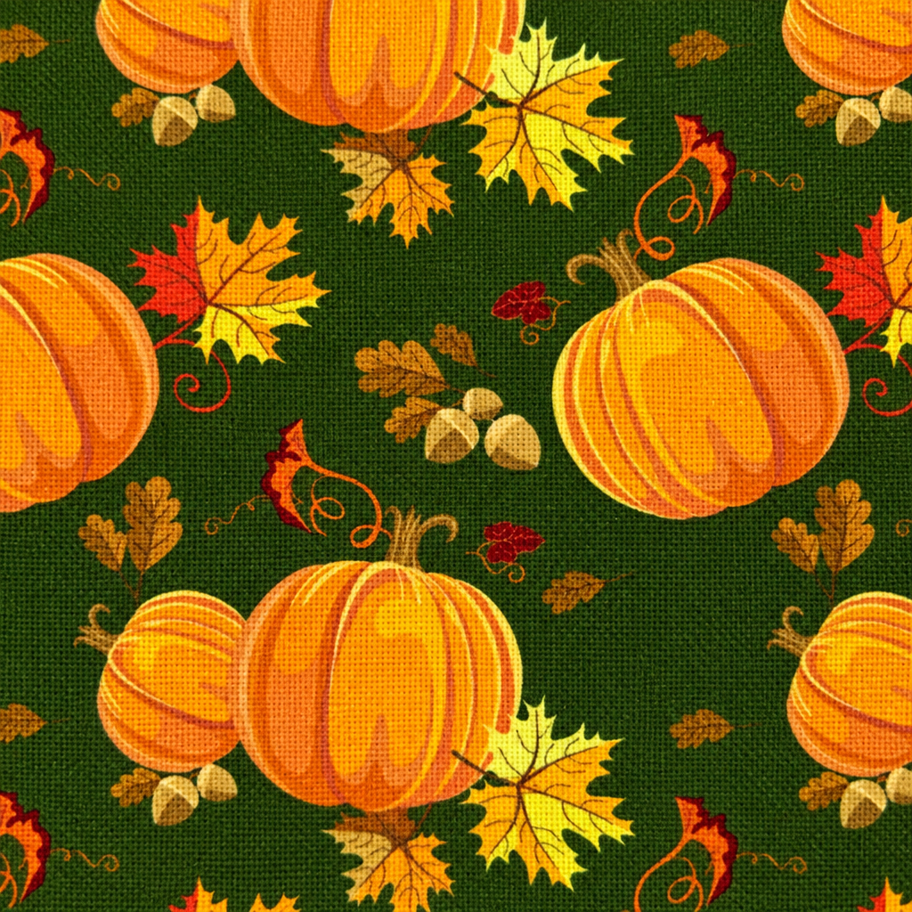 Thanksgiving Pumpkins and Leaves on Dark Green 100% Cotton Fabric - fabric print and texture close-up