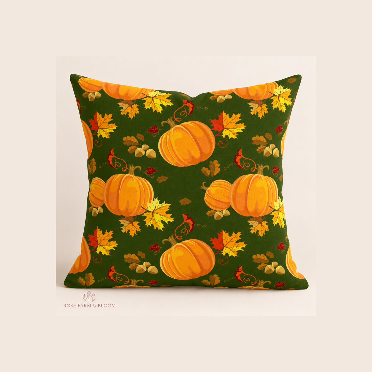 Thanksgiving Pumpkins and Leaves on Dark Green 100% Cotton Fabric - example pillow cover made with this fabric
