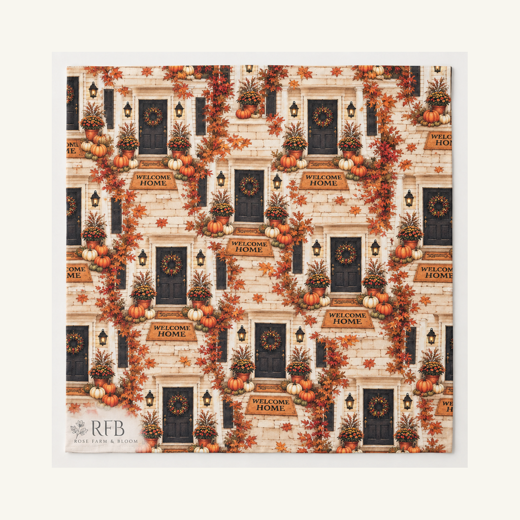 Cozy Autumn Welcome Home Porch - fabric shown for sale by the yard