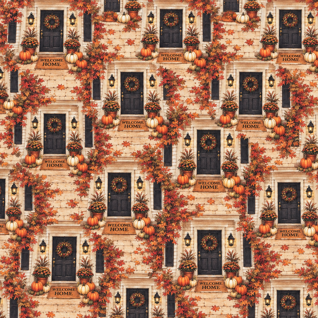 Cozy Autumn Welcome Home Porch - full fabric pattern repeat