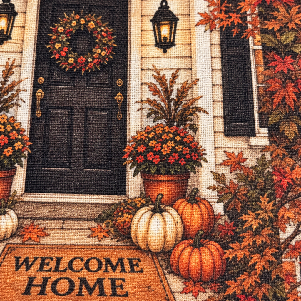 Cozy Autumn Welcome Home Porch - fabric print and texture close-up
