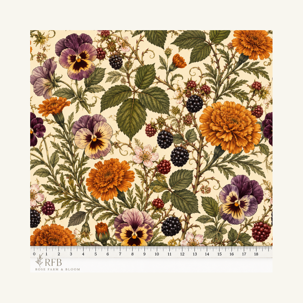 Blackberry Pansy Garden - fabric motif scale reference