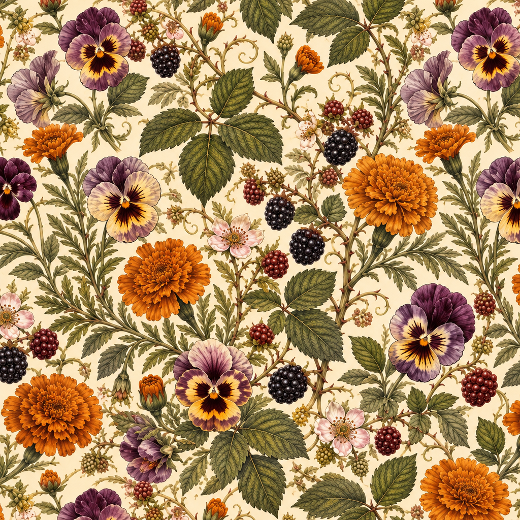 Blackberry Pansy Garden - full fabric pattern repeat